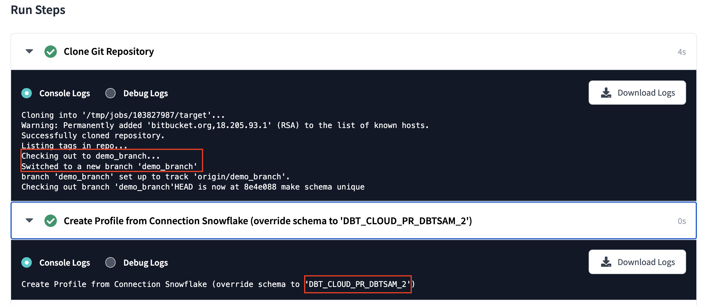 dbt Cloud job showing it was triggered by Bitbucket